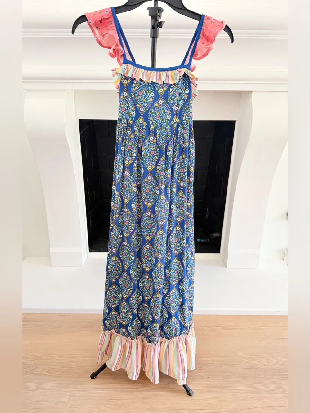Matilda Jane Blue Floral Maxi with Pink Stripe Ruffle- Girls 8